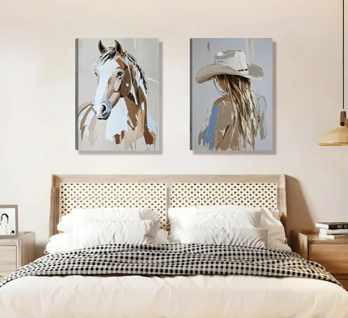 Vista 9 de 2 piezas de arte de pared enmarcado de vaquera occidental con sombrero chica vaquera y caballo, impresión en lienzo, póster, pintura al óleo