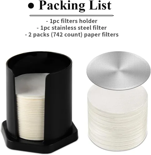 Vista 2 de CAFEMASY - Soporte de filtro de café para filtro Aeropress, 742 filtros de papel de repuesto con soporte para filtros negros, filtro de metal