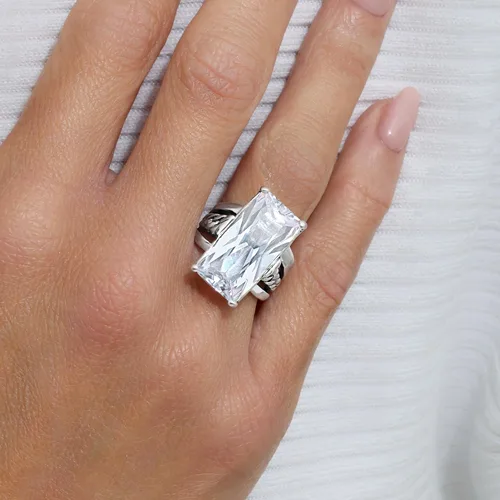 Vista 2 de JEAN RACHEL JEWELRY Anillo de plata de ley 925 Cadena de bordillo con circonita cúbica baguette diseño vintage Hipoalergénico, sin plomo ni níquel