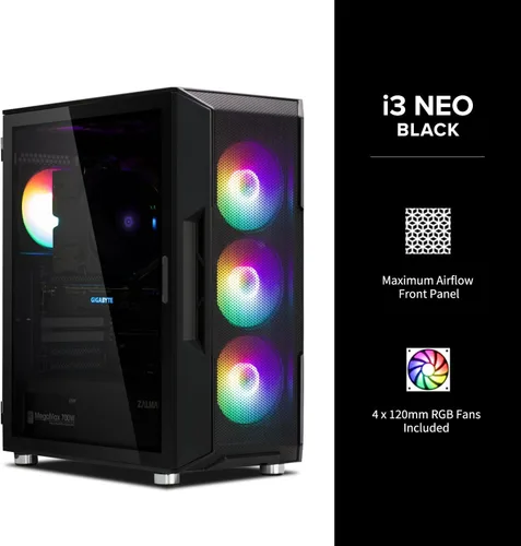 Vista 2 de Zalman i3 NEO Carcasa de PC ATX de Torre Media, 4 ventiladores RGB fijos preinstalados para alto rendimiento de flujo de aire, puerta oscilante