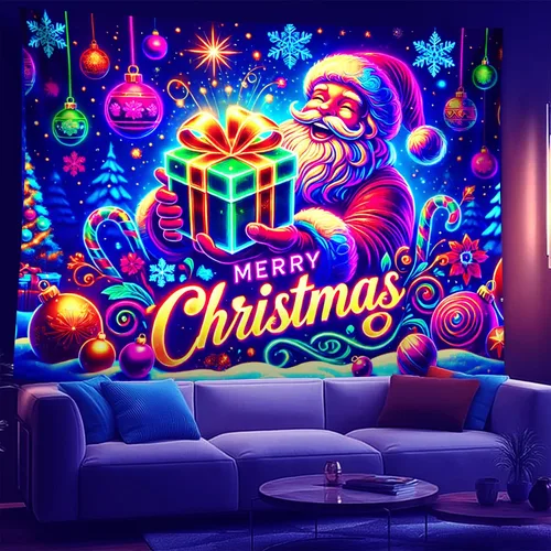 Vista 20 de NYZE - Tapiz de Navidad con Papá Noel, tapiz de luz negra que brilla en la oscuridad, colgante de pared, banner festivo, decoración para fiesta