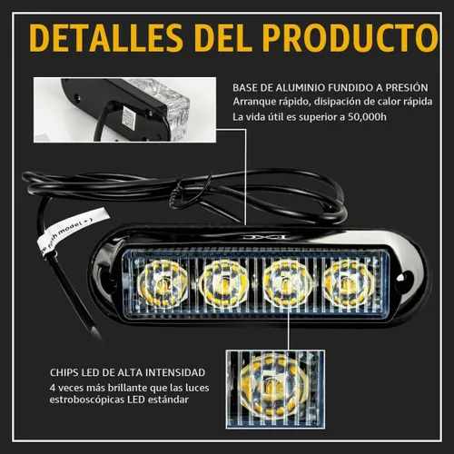 Vista 4 de FXC - 2 luces estroboscópicas intermitentes con 4 LED para montaje en superficie, para camión, automóvil, vehículo, luz de rejilla LED, baliza