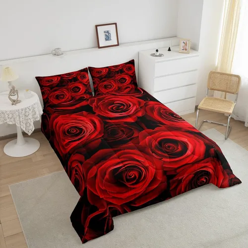 Vista 3 de Juego de edredón de rosas rojas, tamaño individual, juego de ropa de cama floral rojo degradado negro para niñas, mujeres, niños, adolescentes
