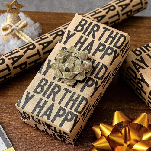 Vista 5 de MAYPLUSS Rollo de papel de regalo de feliz cumpleaños de los SS, envoltura de regalo de Kraft vintage Papel de regalo de 17 pulgadas x 33 pies