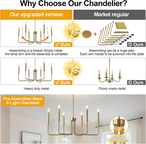 Vista 3 de Candelabro de oro cepillado para comedor, 6 luces de comedor, lámparas colgantes de estilo moderno industrial, dormitorios, vestíbulos, pasillos