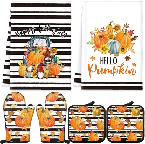 Vista 14 de Bencailor - Juego de 6 manoplas de cocina de otoño para ollas y guantes de horno, guantes de horno de calabaza azul, soportes para ollas de cosecha