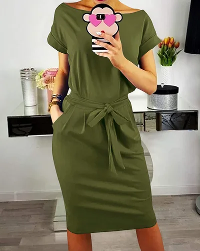 Vista 3 de PRETTYGARDEN - Vestido de verano para mujer, manga corta con cuello redondo, a rayas, prenda básica de color liso, con lazo en la cintura y bolsillos