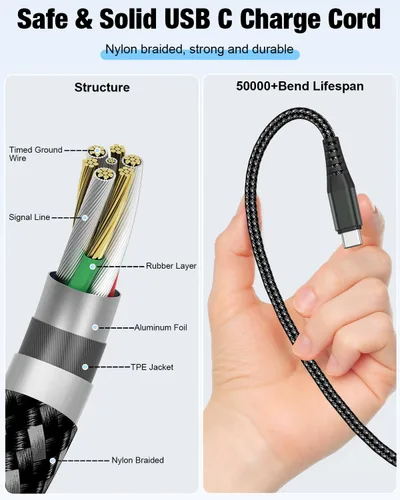Vista 6 de Cabepow Cable USB C a USB C de 240 W [2 unidades de 6 pies + 10 pies], cable de carga rápida USB C a C, cable trenzado tipo C a tipo C para iPhone