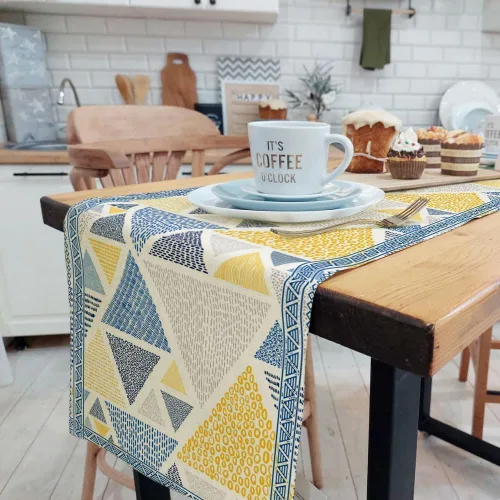 Vista 3 de Camino de mesa amarillo y azul, caminos de mesa de arte geométrico abstracto para comedor, cocina, sala de estar, vacaciones y decoración de mesa