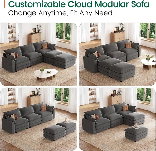 Vista 9 de Sofá de nube en forma de L de 118 pulgadas, sofá modular de gran tamaño con otomana móvil, cómodo sofá de felpilla de 4 plazas con asiento profundo