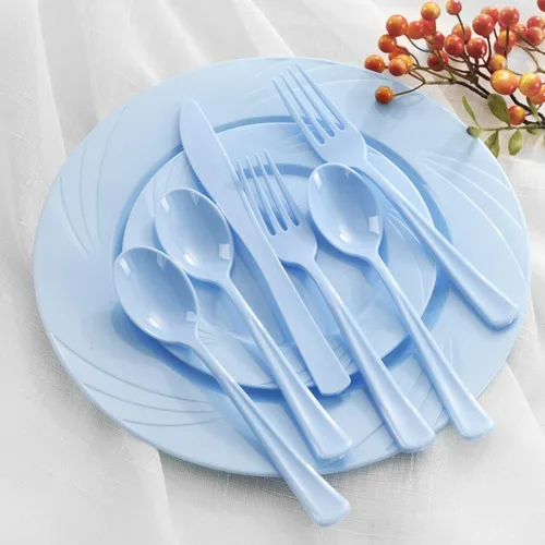 Vista 3 de YOUBET 125 platos de plástico azul, platos desechables para baby shower, incluye 25 platos llanos, 25 platos de postre, 25 tenedores, 25 cuchillos