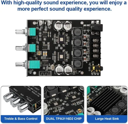 Vista 3 de Placa de Amplificador Bluetooth ARRAROWN ZK-1002T 2.0CH 100W*2 Mini AMP de Audio con Control de Agudos y Graves, Entradas BT y AUX, Módulo de AMP