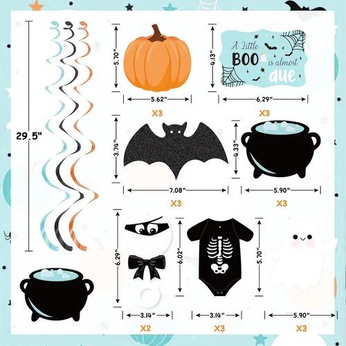 Vista 3 de K KUMEED Decoraciones de Halloween para baby shower, 20 piezas Blue A Little Boo is Almost Due Colgantes de remolinos para niños, decoración