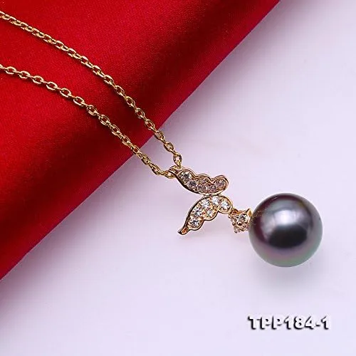 Vista 4 de JYX Pearl - Colgante de mariposa de oro de 14 quilates, calidad AAA, 0.374in, redondo, color negro, perla cultivada en Tahití, para mujer de 18.0in