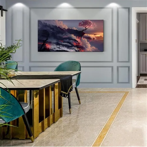 Vista 3 de Póster de paisaje de anime, flor de cerezo, arte de pared de fantasía natural, decoración del hogar, pintura en lienzo, póster de pared
