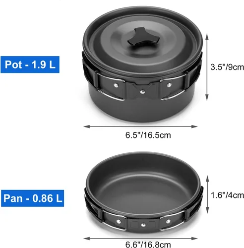 Vista 4 de Odoland Kit de utensilios de cocina para camping, olla ligera con 2 tazas, kit de cuchara de tenedor de acero inoxidable, gris para mochileros