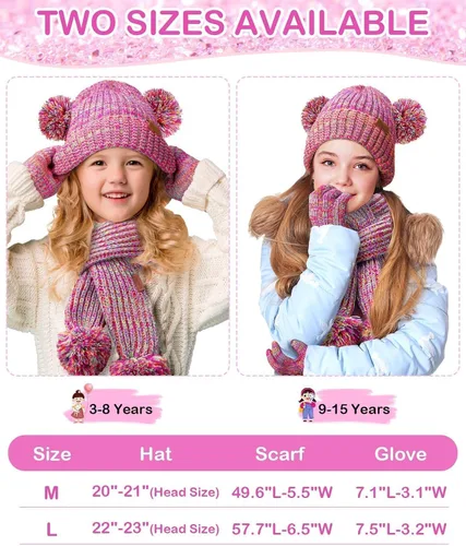 Vista 2 de Remifa Conjunto de bufanda y gorro de invierno para niños y niñas, con forro polar con pompón, bufanda larga, guantes cálidos