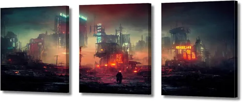 Vista 56 de Cuadros de 3 paneles de Cyberpunk City - Arte de pared de vallas publicitarias de edificios modernos en la capital con obras de arte modernas