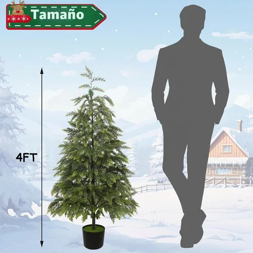 Vista 3 de Cllayees 4FT Cedar Christmas Tree with Lights Artificial Potted Tree Timer, 80 LEDs, Lighted Fake Trees, Front Porch Outdoor Indoor Decor, Christmas