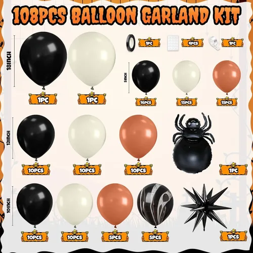 Vista 2 de Kit de guirnalda de arco de globos de Halloween, globos negros, retro naranja, blanco y negro de mármol con globos de estrella de araña de papel