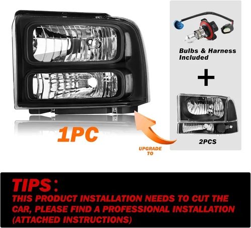 Vista 2 de SOCKIR - Juego de faros compatible con Ford F250 F350 F450 F550 Super Duty 1999-2004 / Ford Excursion 2000-2004, carcasa negra, reflector