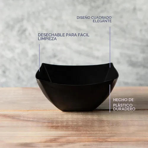 Vista 6 de PLASTICPRO Cuencos cuadrados desechables para servir, aperitivos o ensaladas, plástico negro, paquete de 4, 8 onzas, color negro