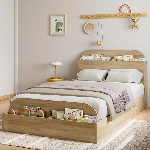 Vista 10 de Estructura de cama Garvee tamaño individual con cabecero y estribo – Cama de plataforma baja para niños, diseño de piso doble de madera, sin ruido