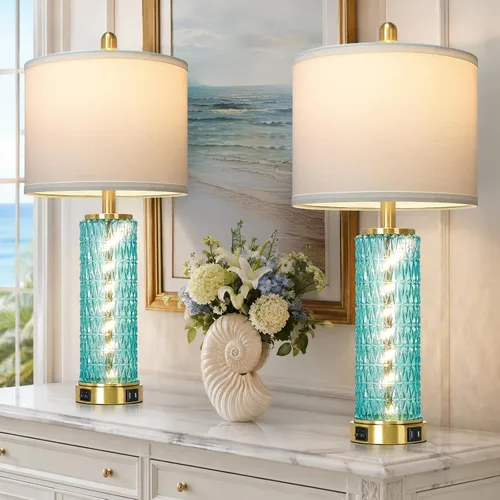 Vista 18 de Lámparas de mesa costeras de 28 pulgadas para sala de estar, lámparas de noche con luz nocturna, puertos USB A+C, moderna concha de mar