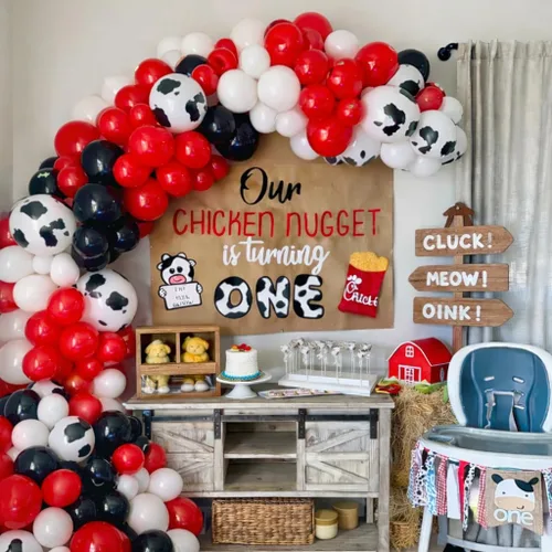 Vista 7 de Kit de arco de globos de vaquero, 150 globos con estampado de vaca, color rojo, negro, blanco y vaca, para decoración de fiesta de cumpleaños