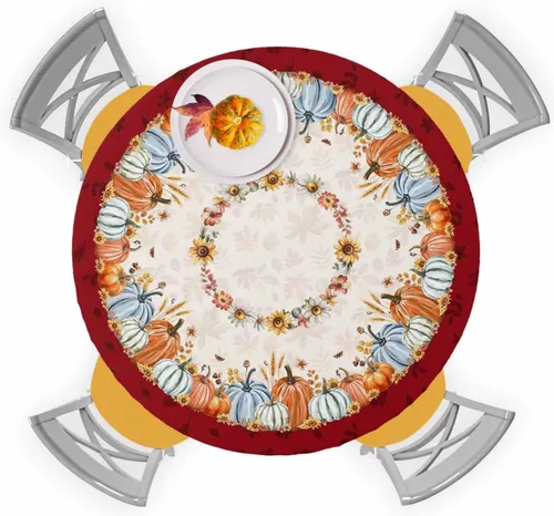 Vista 29 de Mantel ajustado para mesa redonda, mantel de otoño con hojas de otoño y calabaza de Acción de Gracias con borde elástico, mantel impermeable de Beige