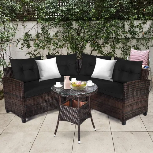 Vista 2 de Tangkula - Juego de muebles de patio de 4 piezas en forma de C de mimbre para exteriores, con cojines y mesa de centro con cubierta de cristal