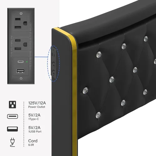 Vista 3 de E-Motie Base de cama tamaño completo con cabecera tipo wingback, plataforma tapizada con luces LED RGB, estación de carga, 4 cajones