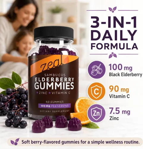 Vista 2 de Zeal Naturals Sambucus Gomitas de saúco + zinc + vitamina C - Suplemento diario para niños y adultos - Gomitas de vitamina fáciles de masticar - 100