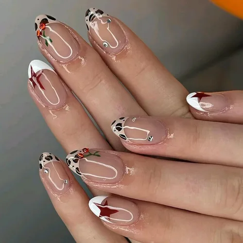 Vista 37 de Uñas postizas de almendra medianas MABKJLF con punta francesa, uñas falsas 3D con diseños de pedrería de flores de fresa, uñas pegajosas brillantes 1