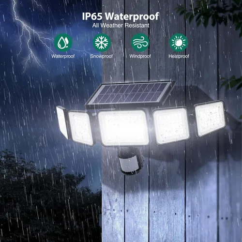 Vista 6 de Luces solares para exteriores, 4000LM con 5 cabezas, sensor de movimiento, 236 LEDs, 3 modos, luces de pared de seguridad IP65 impermeables, luces