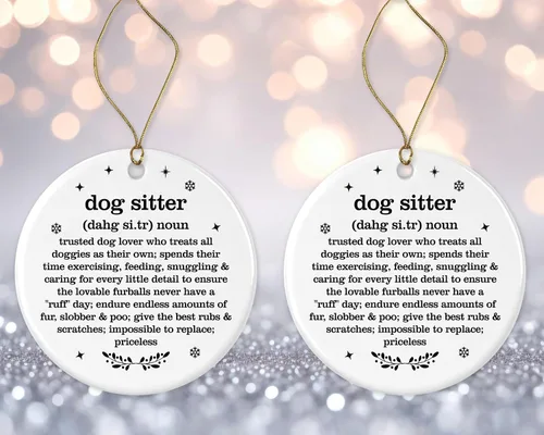 Vista 3 de Adorno de Navidad para niñera de perros, regalo de diccionario de definición para el mejor cuidador de perros de la historia, impreso en un lado