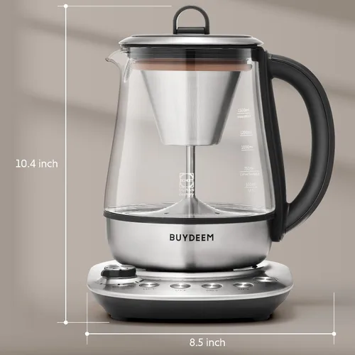 Vista 3 de BUYDEEM K176 - Tetera eléctrica multifuncional de acero inoxidable para preparar té y café, mantener el calor automático, 5 controles de sabor, 1.5L