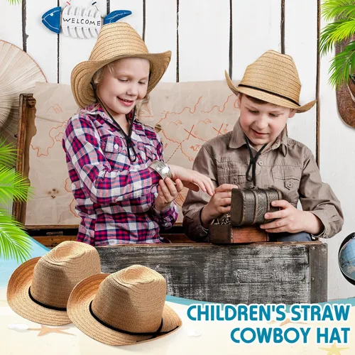 Vista 4 de SATINIOR Juego de 12 sombreros de vaquero de paja para niños con bandanas, disfraz de vaquero para fiesta occidental (caqui), Caqui