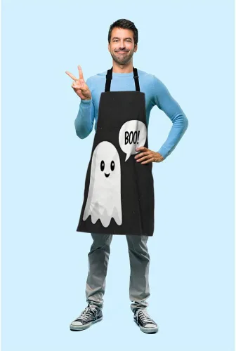 Vista 3 de Bonito delantal de chef fantasma de 27 x 31 pulgadas, fantasma de Halloween con burbujas de discurso, delantal negro sin bolitas para barbacoa