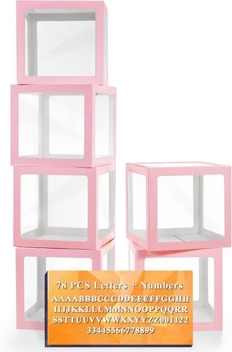 Vista 10 de Ledido - Cajas de globos transparentes con 60 letras y números para nombre personalizado 4 PCS Black Clear Baby Balloon Boxes Blocks Backdrop for