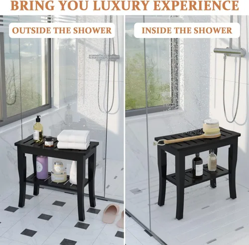 Vista 3 de Domax Bancos de ducha de bambú para ducha interior, asiento de banco de baño, taburete de ducha de madera impermeable con estante de almacenamiento