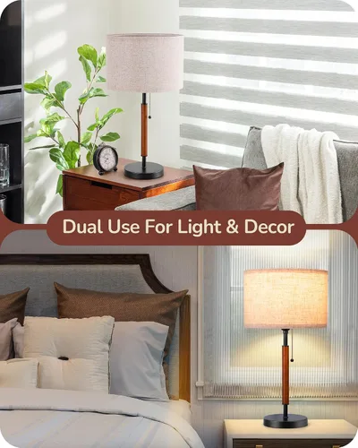 Vista 2 de EDISHINE Lámpara de mesa de mediados de siglo, lámpara de noche con interruptor de cadena con pantalla de lino, poste de madera maciza y base