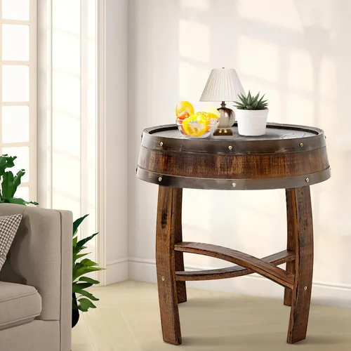 Vista 5 de Mesa de centro de granja, mesa auxiliar redonda rústica – Mesa auxiliar de madera maciza para sala de estar, mesa decorativa de barril de whisky