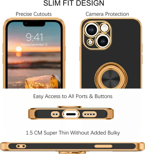 Vista 4 de BENTOBEN Funda para iPhone 13 Mini con soporte de anillo de 360°, ajuste delgado, a prueba de golpes, soporte magnético para automóvil, compatible