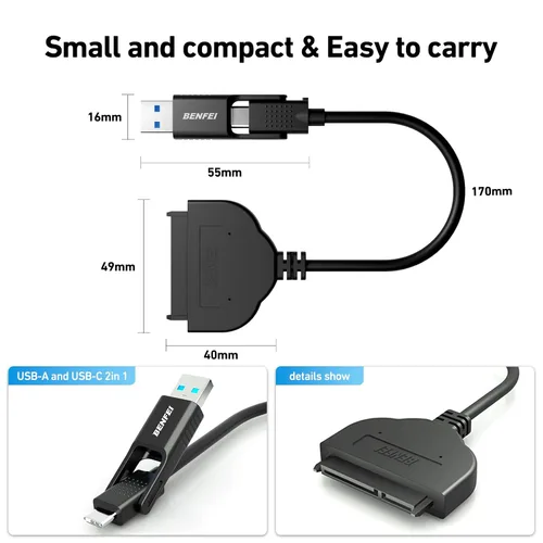 Vista 6 de BENFEI Cable SATA a USB, adaptador de disco duro USB C/USB 3.0 a SATA III 2 en 1 compatible con HDD y SSD de 2.5 pulgadas