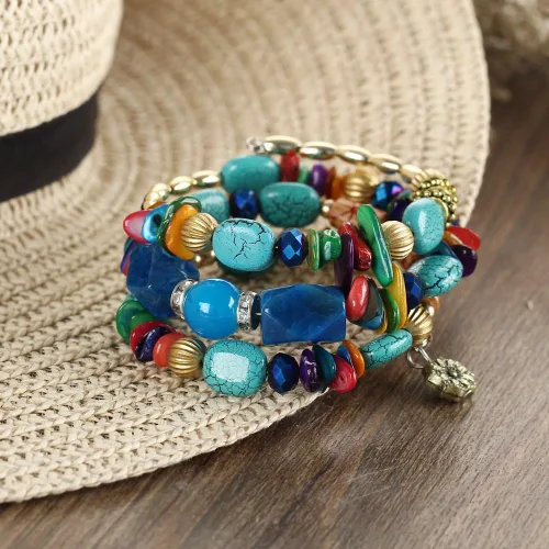 Vista 5 de QIAN0813 Pulseras bohemias de cuentas de ágata irregulares multicapa para mujer, pulseras vintage de piedra de jade para hombre, pulseras de yoga