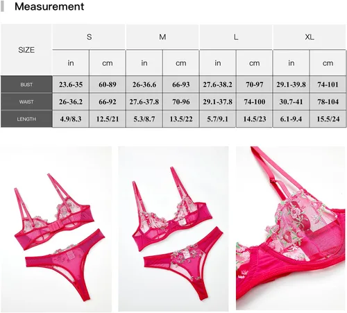 Vista 7 de Vorixia Bra and Panty Set for Women Sexy Underwear Lingerie Cute Exotic Foral Embroidery Sheer G-String Thongs Babydoll