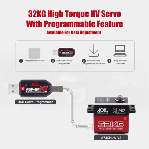 Vista 4 de AGFRC A73CHLW V2 70.5 lbs Servo de dirección RC sin núcleo de alto esfuerzo de torsión y programador servo AGF-SPV3