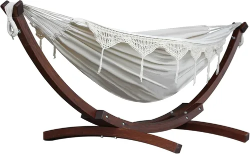 Vista 5 de Vivere Hamaca doble de algodón con soporte de arco de pino macizo, capacidad de 450 libras, marco de madera FSC duradero, cómoda cama de 87, incluye