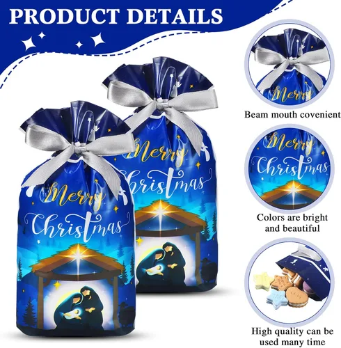 Vista 3 de Funrous 50 piezas de bolsas de regalo de Natividad - Bolsas de Navidad con cordón de plástico con lazos para regalos religiosos, Navidad, presentes